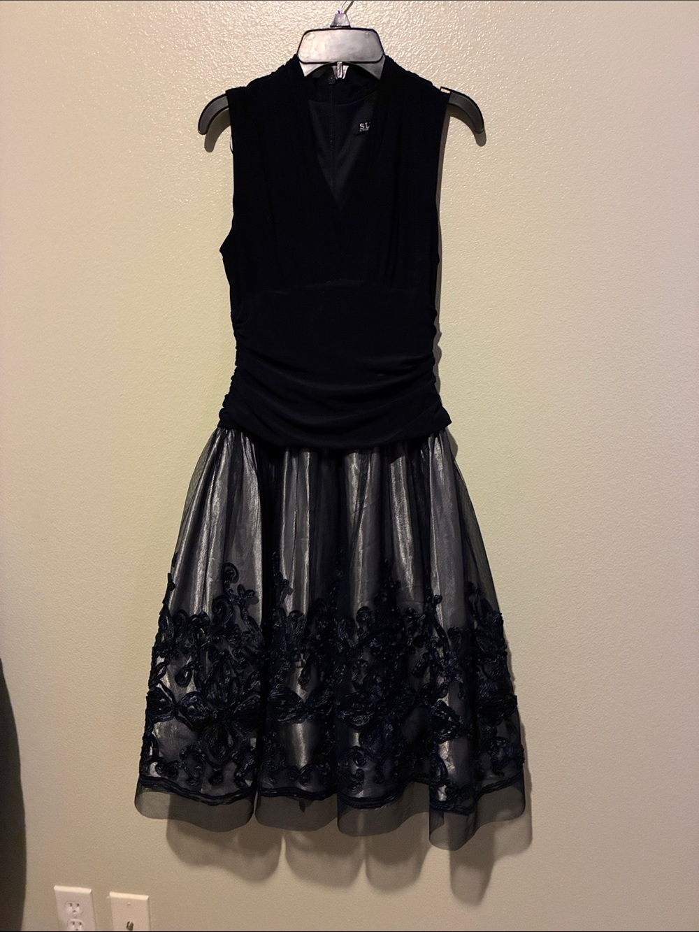 SLNY Midnight blue Sleeveless Dress with Embroidered Tulle Skirt